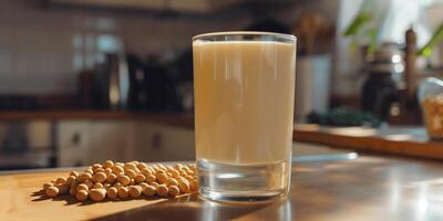 Soy milk in a transparent glass next to a handful of soybeans on a kitchen counter, food setting photo