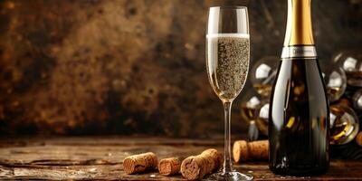 Sparkling wine in a glass, next to an open bottle and some corks on a wooden surface, meal photography photo