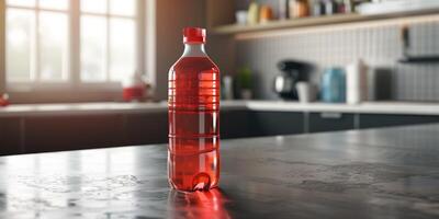 Sports drink bottle with twist-off cap on a smooth countertop, meal photography photo