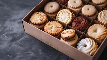 Specialty cookies placed in an open rectangular box with a simple design, food setting photo