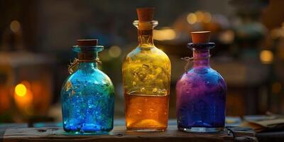 Three bottles of different sizes, each filled with a uniquely colored liquid, meal photography photo