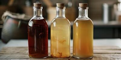 Three bottles of fermented beverages with different levels of sediment, lined up, food setting photo