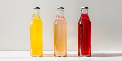 Three identical glass bottles with different colored drinks, standing in a row on a white surface, food setting photo