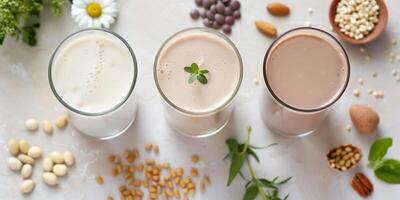 Three different plant-based milk brands displayed on a white background for product comparison, meal photography photo