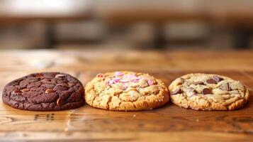 Three specialty cookies placed in a row on a wooden table, meal photography photo