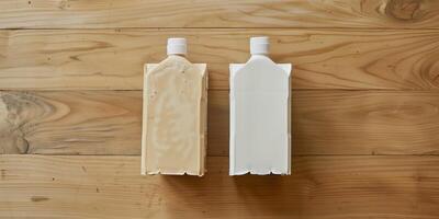 Two cartons of plant-based milk placed side by side on a plain wooden surface, meal photography photo