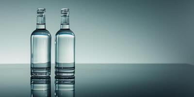 Two vodka bottles standing side by side on a reflective surface, food setting photo
