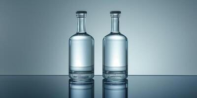 Two vodka bottles standing side by side on a reflective surface, meal photography photo