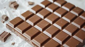 Unwrapped milk chocolate bar with a smooth surface, neatly divided into even rectangular pieces, meal photography photo