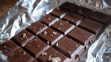 Unwrapped milk chocolate bar resting on its packaging, with clear lines dividing each piece, food setting photo