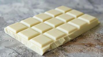 Unwrapped white chocolate bar with distinct lines separating individual segments, food setting photo