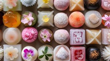 Mochi cakes with different fillings in a symmetrical pattern on a tray, meal photography photo