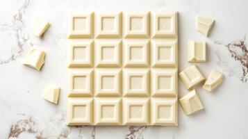 White chocolate bar laid flat, separated into several small, uniform squares, meal photography photo