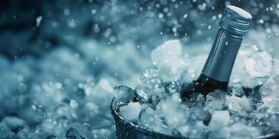 Vodka bottle partially submerged in a bucket of ice, surrounded by frost, meal photography photo
