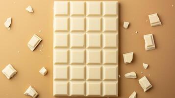 White chocolate bar resting on a plain background, divided into several uniform squares, food setting photo