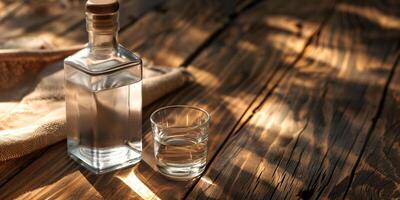 Vodka bottle on a wooden surface, accompanied by a single, empty shot glass, food setting photo