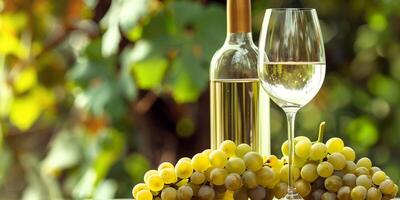 White wine in a glass, next to an uncorked bottle and a bunch of grapes, food setting photo