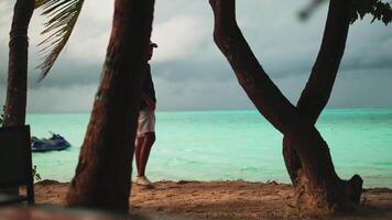 A young man in light clothes walks on a sandy seashore under palm trees. video