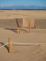 Special fence barriers for conservation ecosystem plants of dune in Maspalomas, Gran Canaria. Natural reserve to protect Traganum Moquinii plant, which helps to form dunes and regulate sand movement photo