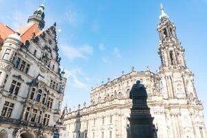 Dresden, Germany-august 15, 2022-Walking in Schlossplatz and view the statue of Frederick Augustus the Just in a sitting position in Dresden on a sunny day photo