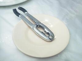 Metal nutcracker or crab cracker on a plate photo
