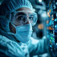 Health Professional in Protective Gear Analyzing Data on Medical Monitor in Modern Healthcare Environment with Advanced Technology and Vital Signs Display photo
