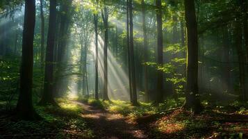 Serene Forest Scene with Sunlight Filtering Through Lush Foliage photo