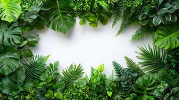 Lush Greenery Background with Various Leafy Plants Creating a Vibrant and Refreshing Natural Frame for Design or Decoration Purposes photo