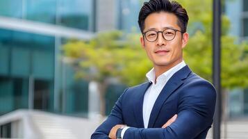 Confident Asian Businessman Outside Modern Office Building in Financial District photo