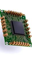 High-Tech Microchip on Green Circuit Board with Elegant Design Featuring Golden Pins and Intricate Electronic Connections for Innovative Technology Showcase photo