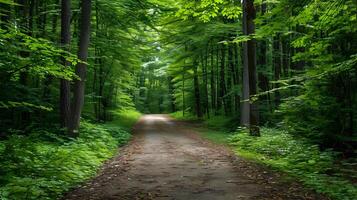 Tranquil Forest Path Lined with Verdant Foliage and Lush Green Leaves photo