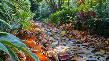 Lush Garden Path Lined with Vibrant Foliage Welcoming Visitors photo