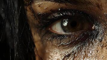 Close-up of a Person's Eye with Reflective Gaze Surrounded by Dark, Wet Skin, Evoking Deep Emotions and Intense Feelings of Struggle and Resilience in an Artistic Context photo