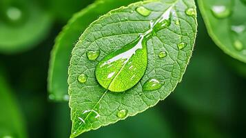 Captivating Close Up of Lush Green Leaf with Glistening Water Droplet photo