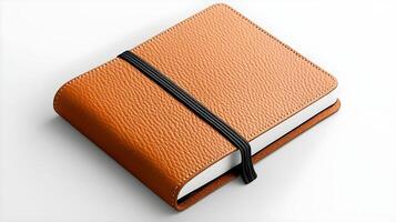 Elegant Brown Leather Notebook with Black Elastic Band on White Surface, Ideal for Writing, Note-taking, and Personal Journaling for Professionals and Students photo