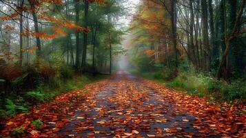 Serene Autumn Forest Path with Fallen Leaves Covering the Ground photo