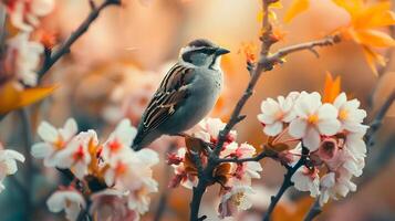 Vibrant Blooming Branch with Perched Bird in Natural Garden Scene photo