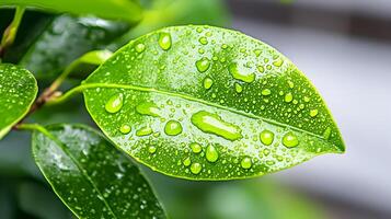 Mesmerizing Close up of Lush Green Leaf with Glistening Water Droplets photo