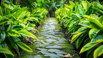 Enchanting Garden Path Beckons with Verdant Foliage and Serene Atmosphere photo