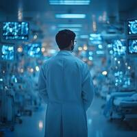Medical Professional Observing Advanced Technology in a High-Tech Hospital Environment with Digital Screens Displaying Patient Data and Health Information photo