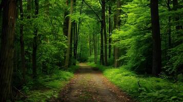 Tranquil Forest Path Lined with Lush Green Foliage photo