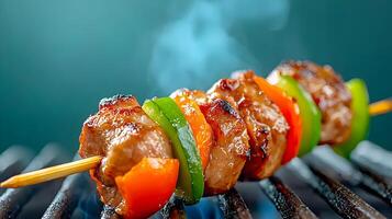 Grilled Meat and Vegetable Skewers on BBQ with Smoke, Delicious Tender Beef, Colorful Peppers, and Fresh Green Onions for Outdoor Cooking photo