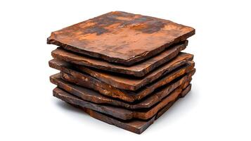 Stacked Rusty Metal Plates Showing Unique Textures and Warm Colors, Isolated on White Background for Industrial or Artistic Use in Design Projects photo