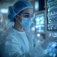 Medical professional in personal protective equipment analyzing digital data and statistics on monitors in a hospital environment during a healthcare emergency response photo