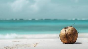 Solitary Coconut on Serene White Sandy Beach with Tranquil Turquoise Ocean Backdrop photo