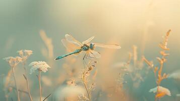 Miniature Dragonfly Resting on Verdant Plant in Soft Focus Backdrop photo