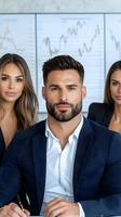 Professional Business Team in Office Setting Engaged in Financial Analysis and Market Research with Graphs and Charts Displayed Behind Them photo