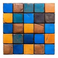 Colorful Mosaic Pattern of Blue, Yellow, and Brown Tiles Forming a Vibrant Square Arrangement for Artistic and Decorative Use in Backgrounds photo