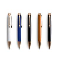 Elegant Collection of Five Distinctive Ballpoint Pens in Various Colors Arranged Neatly on a White Background for Creative and Professional Use photo