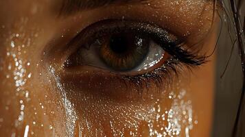 Close-Up of a Female Eye with Water Droplets, Capturing Detailed Texture and Emotion, Emphasizing Natural Beauty and Intriguing Depth of Field Interplay photo